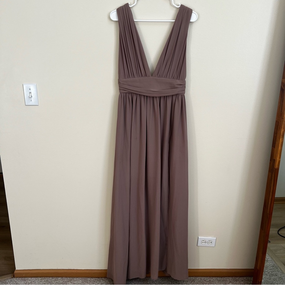 Lulus Formal Dress Medium Heavenly Hues In Taupe Deep Side Slit Banded Waist